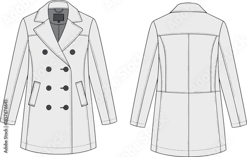 Technical double-breasted coat vector illustration, fashion flat sketch, front and back views, garment template, clothing blueprint, apparel construction, tailored design