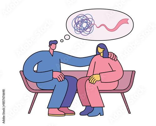 Counseling session illustration depicting therapist supporting client with mental health issue in a calm environment