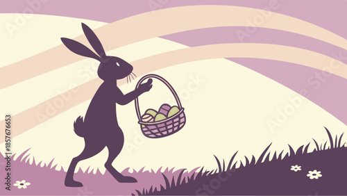 Purple Easter Bunny Silhouette Walking with Basket of Eggs Spring Holiday Illustration for Greeting Cards and Retail