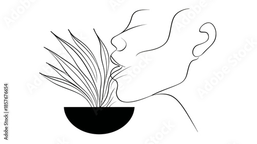 Minimalist Line Art Illustration of a Person's Profile Smelling a Fresh Potted Plant, Symbolizing Nature and Wellness