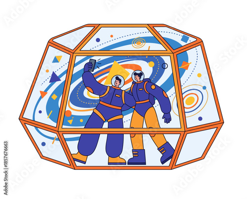 Corporate professionals interacting in a futuristic, trendy, flat design illustration with exaggerated proportions and vibrant colors.