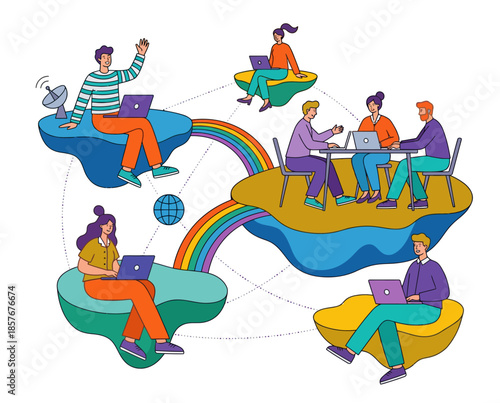 Diverse group of people working together on laptops in a vibrant, cloud-like environment with a rainbow connection, viewed from above