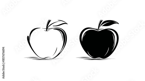 Black silhouette and white sketch outline of an apple fruit icon with stem and leaf on white. Healthy food vector illustration.