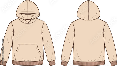 Technical hooded sweatshirt vector illustration, fashion flat sketch, front and back views, kangaroo pocket design, garment template, clothing blueprint, apparel construction