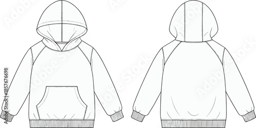 Technical hooded sweatshirt vector illustration, fashion flat sketch, front and back views, raglan sleeve design, garment template, clothing blueprint, apparel construction