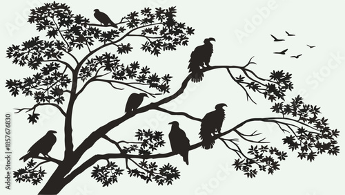 Six Vultures Silhouette Perched on Tree Branch Vector Graphic Wildlife Illustration for Logo and Decal Design