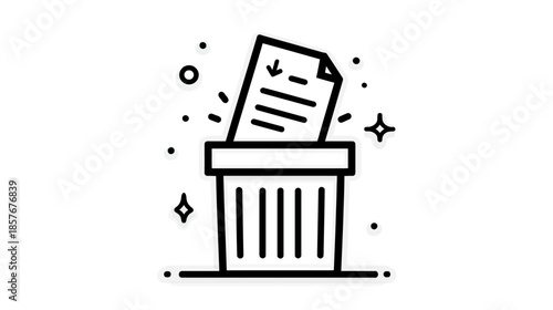 Outline vector icon representing file deletion, data removal, or document disposal into a garbage bin, perfect for digital interfaces.