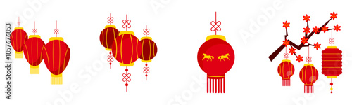 Chinese Red Lantern Garland Frame Bundle Vector Illustration