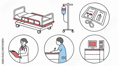 Minimalist Line Art Icons of Hospital Care Doctor Nurse Bed IV Drip Medical Monitoring System for Web Design