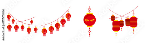 Chinese Red Lantern Garland Frame Bundle Vector Illustration