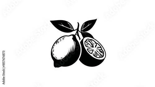 Detailed black and white illustration of fresh lemons, one whole and one half, with leaves. Hand-drawn citrus fruit graphic.
