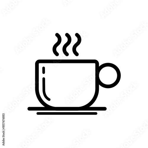 Hot coffee cup - steaming mug on saucer line art - vector icon