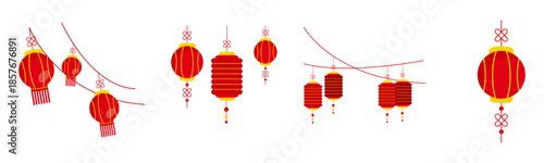 Chinese Red Lantern Garland Frame Bundle Vector Illustration