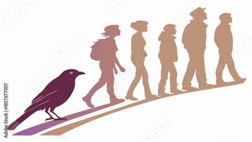Purple Crow Silhouette Guiding Diverse Group of People Walking Uphill Trail Following Nature and Environmental Leadership