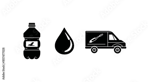 Bottled Liquid, Water Droplet, and Freight Vehicle Icon Collection for Beverage Delivery Concepts