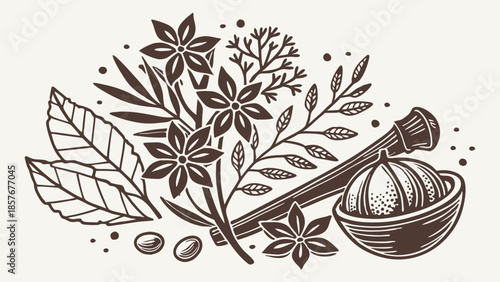 Vintage Botanical Engraving of Aromatic Herbs and Spices Star Anise Bay Leaf Nutmeg Kitchen Food Ingredient Illustration