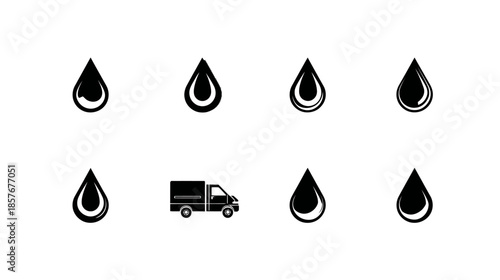 Set of black vector icons including various water drops and a delivery truck, ideal for logistics, liquid transport, and environmental themes.