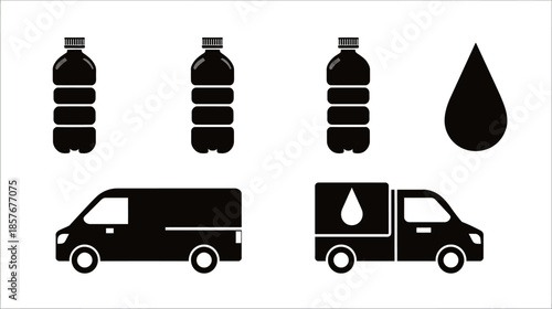 Liquid transport and delivery icons set. Silhouettes of plastic bottles, a fluid drop, and commercial vans, one with a drop symbol.