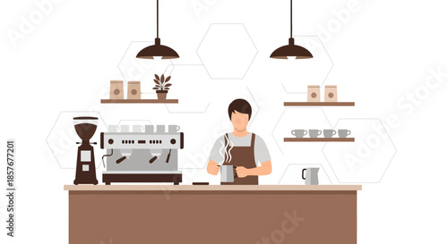 Barista Making Coffee at Counter with Espresso Machine and Grinder