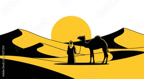 Bedouin Man with Camel in Desert Dunes at Sunset, Minimalist Vector Art