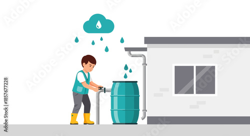 Boy collecting rainwater in barrel next to house during rainfall