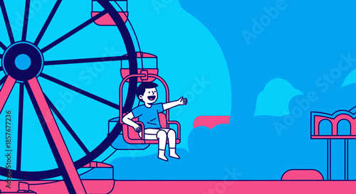 Boy Riding Ferris Wheel at Amusement Park, Enjoying the View