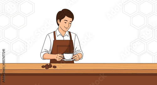 Barista Preparing Coffee Drink with Beans on Countertop - Illustration