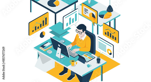 Businessman working at desk with analytics charts and data visualization on screens