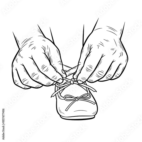 Person tying shoelaces of ballet flat shoe with hands  