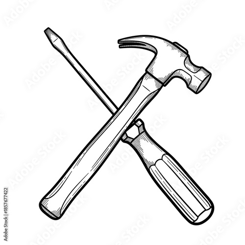 Old hammer and screwdriver crossing each other in sketch style  