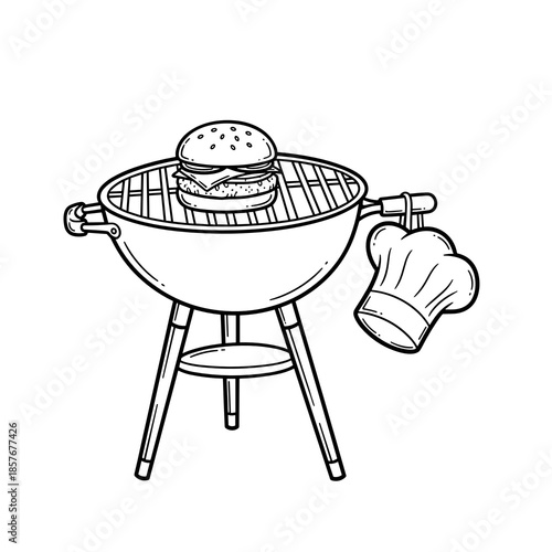 Hamburger grilling on round barbecue with chef's hat illustration  