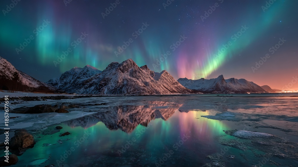 Naklejka premium The lake reflects the Aurora Borealis over the snow-covered mountains. The frozen sea, the snow-covered mountains, and the water's reflection on a winter's night. Norway's Lofoten. Snow-covered rocks 