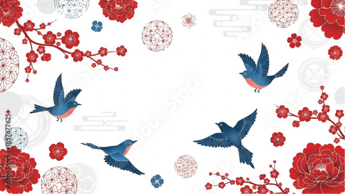 Birds flying amidst cherry blossoms and flowers in a serene aerial view