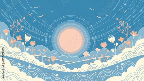 A serene illustration of a full moon rising above wavy clouds with flowers and birds in flight