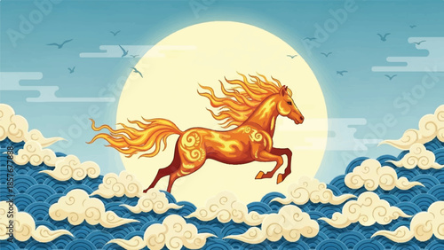 A majestic horse runs in front of a full moon, surrounded by clouds and water, in a serene and dreamy landscape illustration