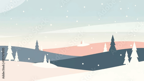 Serene winter landscape with snow-covered hills and trees under a soft blue sky