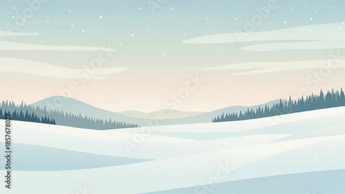 Snowy landscape with mountains and trees under a serene sky