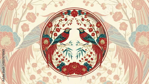 Ornate illustration of birds and flowers in a circular pattern with symmetrical design elements