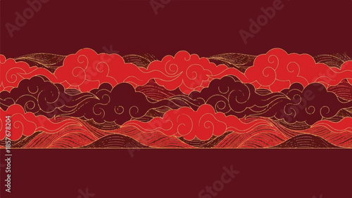Vibrant red clouds with intricate designs float above a dark red background viewed from a straightforward perspective