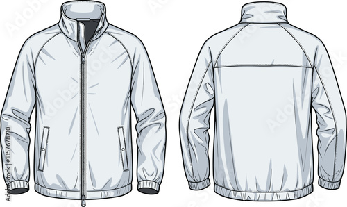Technical jacket vector illustration, fashion flat sketch, front and back views, zip-up design, raglan sleeve construction, garment template, apparel blueprint