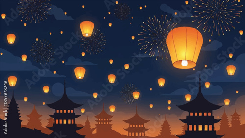 Lanterns and fireworks illuminate traditional Asian pagodas at dusk from a bird's eye view