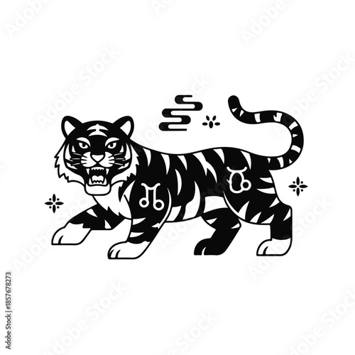 Astrological Tiger Illustration with Zodiac Symbols and Astrological Signs in a Mystical Representation