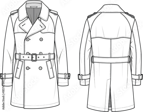 Technical trench coat vector illustration, fashion flat sketch, front and back views, belted double-breasted design, garment template, clothing blueprint, apparel construction
