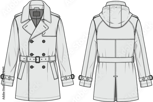 Technical trench coat vector illustration, fashion flat sketch, front and back views, garment design template, outerwear drawing, clothing blueprint, apparel construction