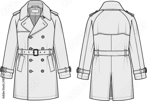 Technical trench coat vector illustration, fashion flat sketch, front and back views, belted double-breasted design, garment template, clothing blueprint, apparel construction