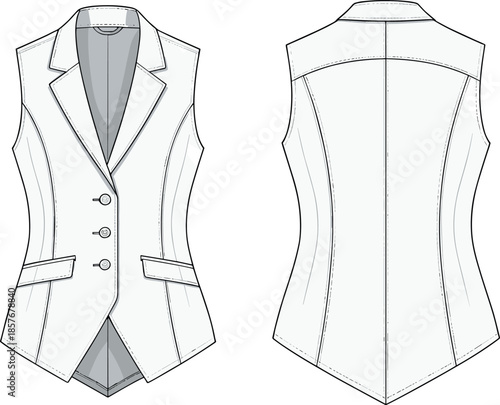 Technical women's vest vector illustration, fashion flat sketch, front and back views, tailored silhouette, garment template, clothing blueprint, apparel construction