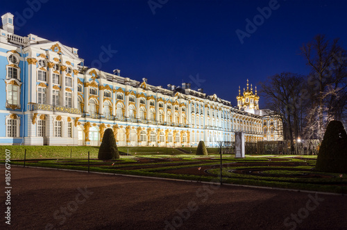 The facade of the Catherine Palace illuminated at night