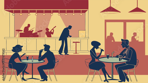 Retro Nightlife Scene Illustration Silhouette Couples Socializing at a Jazz Club Bar with Live Band Mid Century Modern Graphic Design for Entertainment