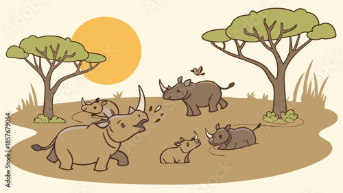 Adorable Cartoon Rhino Family Illustration African Savanna Wildlife Conservation Mascot Endangered Species Education Material