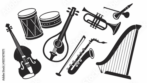 Traditional and Modern Musical Instruments Vector Graphic Collection Harp Violin Drums Saxophone Trumpet Icon Set Design Elements